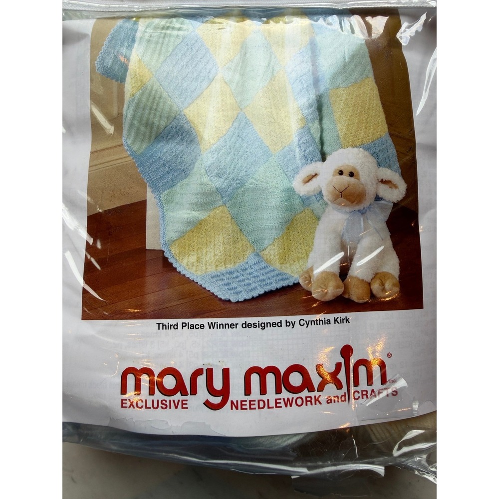 New Mary Maxim Diamonds and Squares Blanket Kit Blue Yellow DIY Knitting